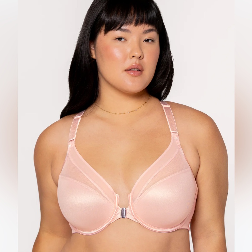 Curvy Couture Sheer Mesh Front Clasp Racerback Underwire Bra, 38DDD, NWT, Pink